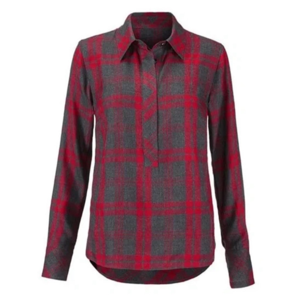 CAbi Cunningham Red Gray Plaid‎ Top Long Sleeve Women’s Sz Medium #3587 NWOT